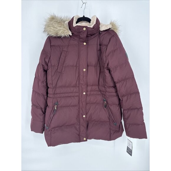 Lauren Ralph Lauren womens XL Burgundy Down Puffer Coat Faux Fur Hooded Jacket - Picture 2 of 10